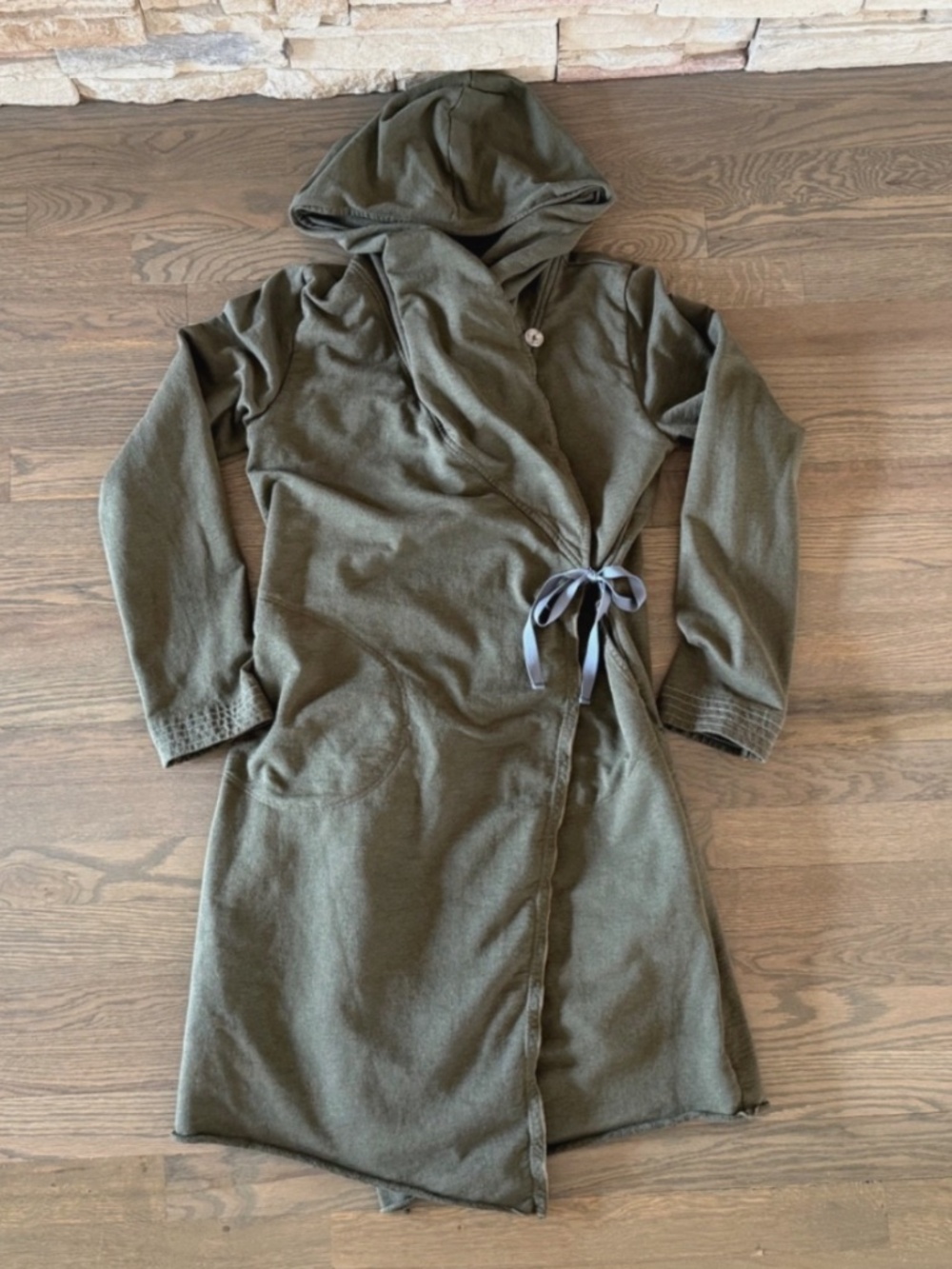 Stewart + Brown Olive Green Organic Cotton Wrap Hooded Coat Size M - Picture 10 of 11